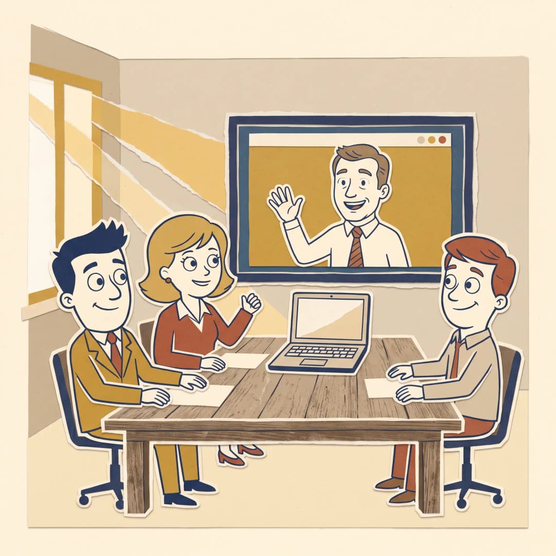 The same manager, calm, appearing on a laptop screen in a conference room while coworkers nod.