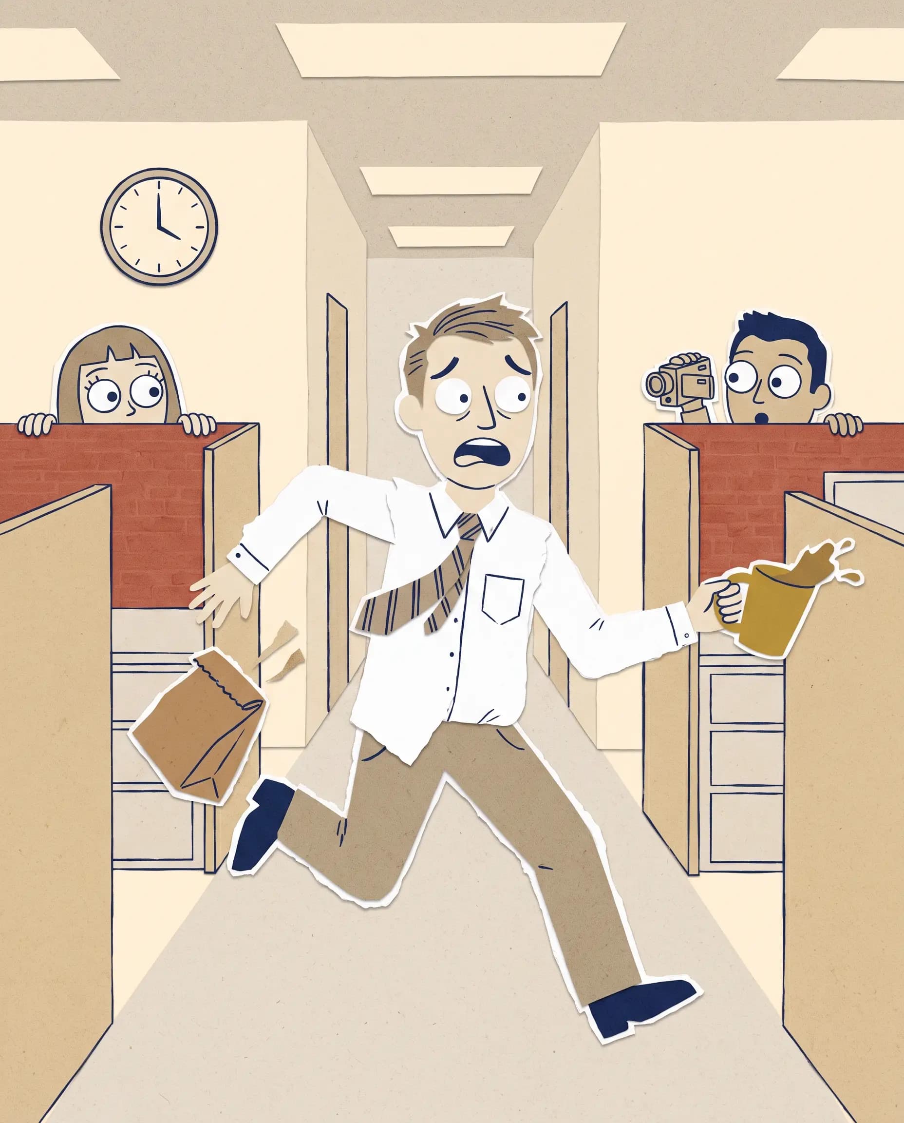 An office manager sprinting down a cubicle corridor, coffee flying, two coworkers watching.