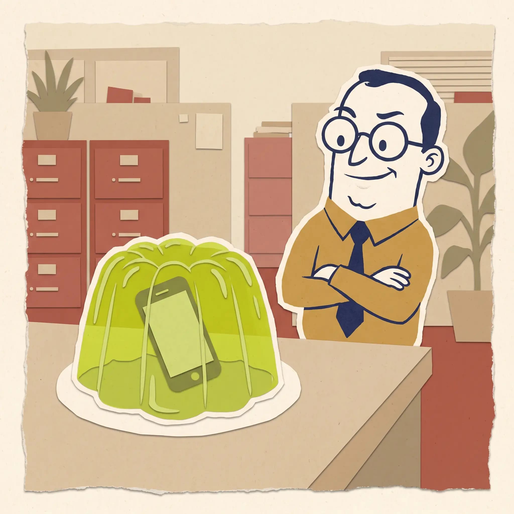 A smartphone set inside a wobbly green gelatin dessert on an office desk while a smug coworker looks on.