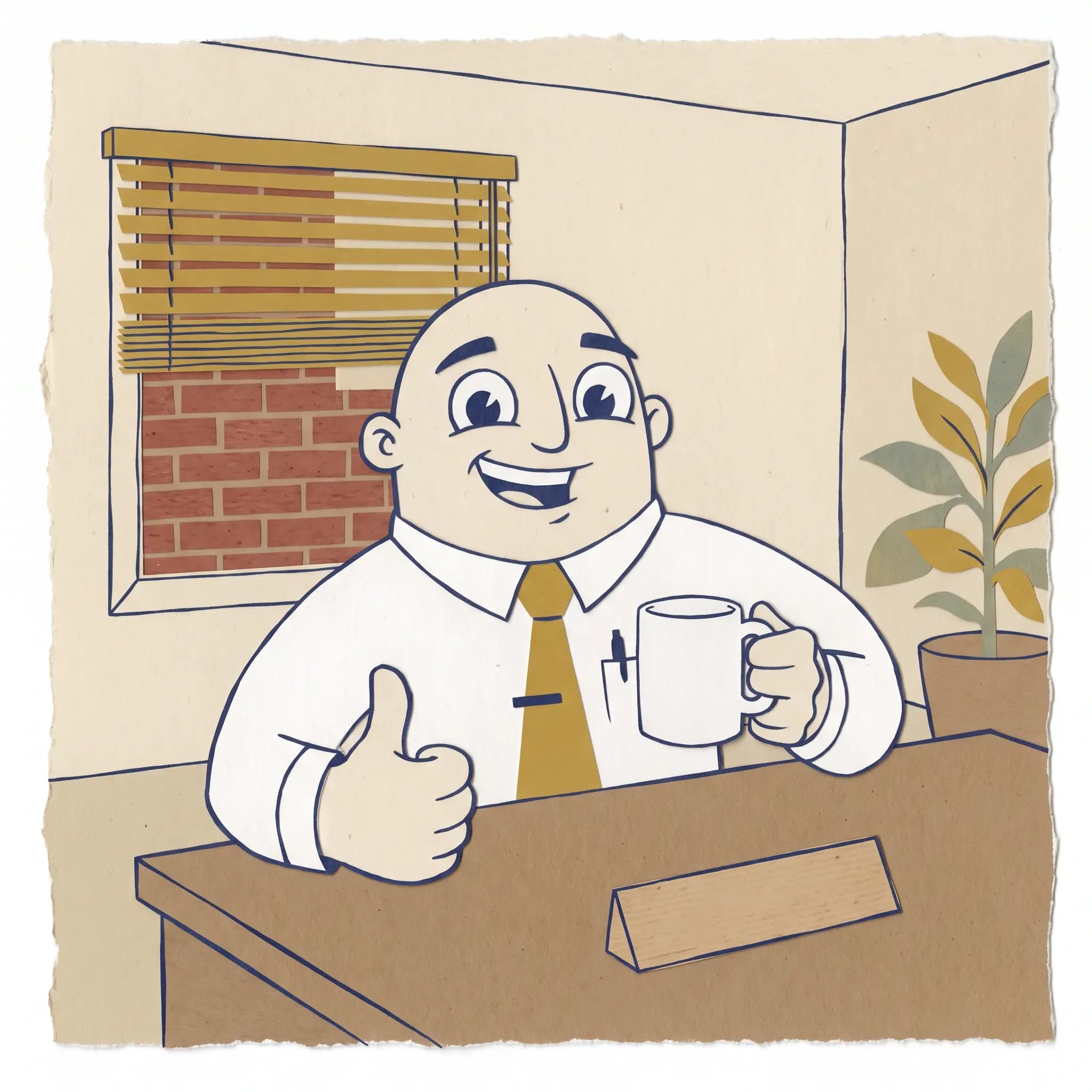 A grinning office manager giving a thumbs up and holding a plain white mug.