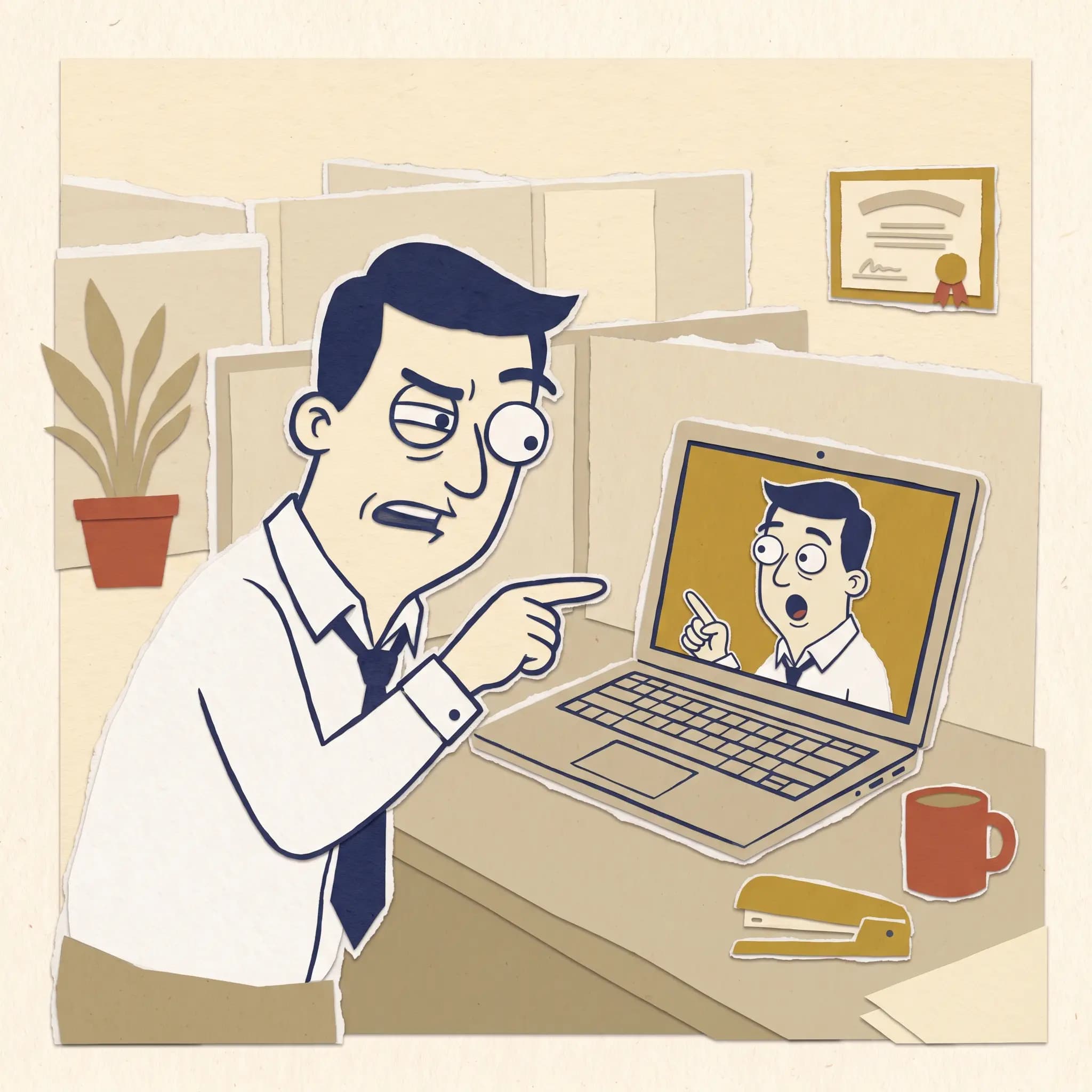 An office manager pointing in disbelief at a laptop showing a video-call tile of himself.