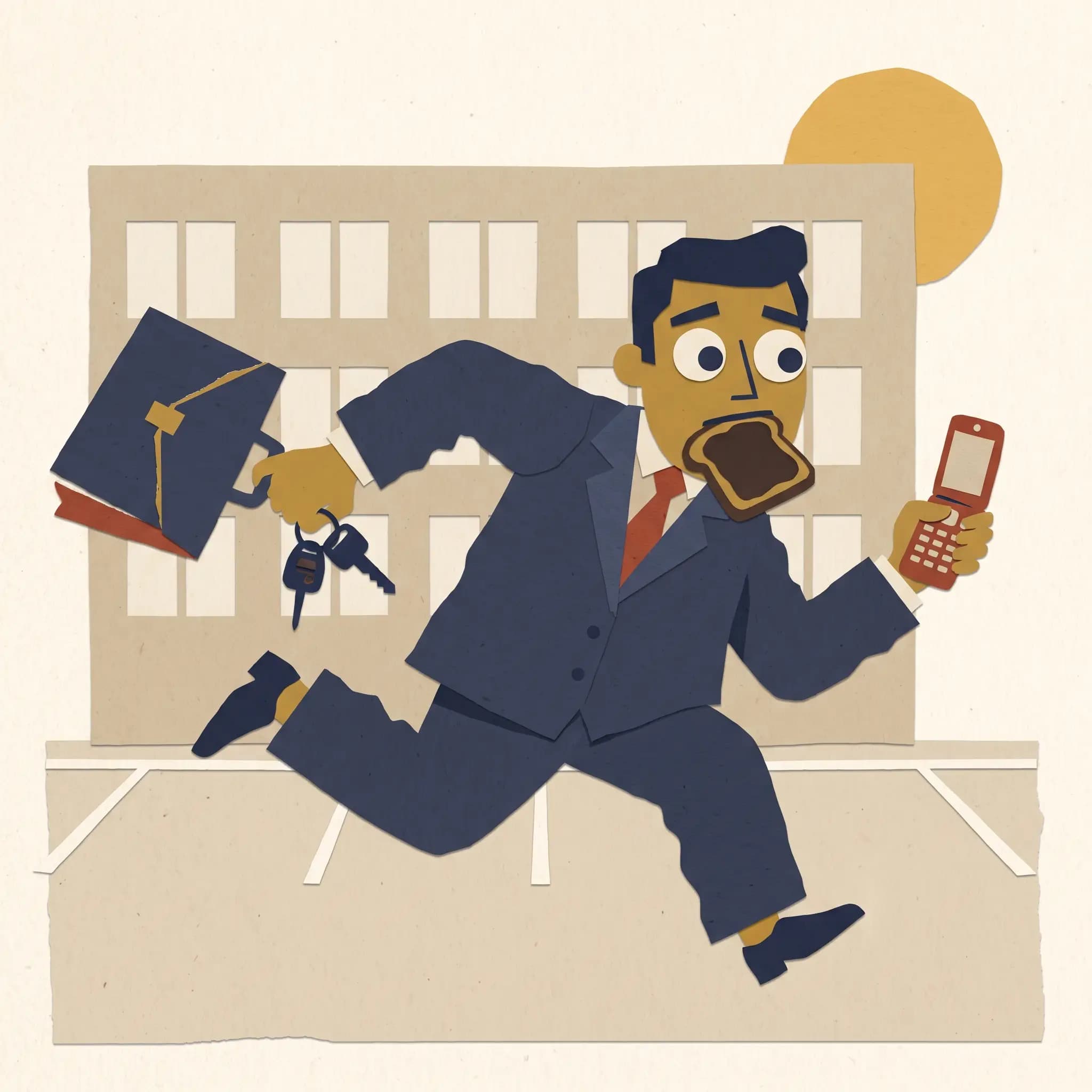 An office manager sprinting across a parking lot with toast in his mouth and a phone in hand.